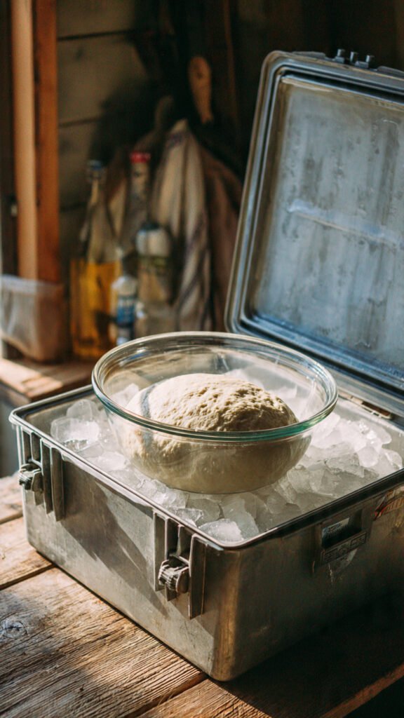 A glass bowl of sourdough dough sitting inside an open cooler with an ice pack beside it, lid propped open, rustic kitchen background, natural light — showing a creative hot-weather fermentation hack