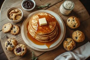 a stack of golden sourdough pancakes