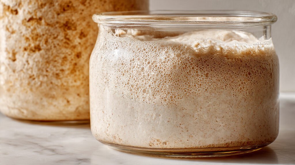 Overhead shot of a glass sourdough dough container with almost no rise, sitting on a cool kitchen counter next to a thermometer showing 65°F, natural window light, slightly dejected mood