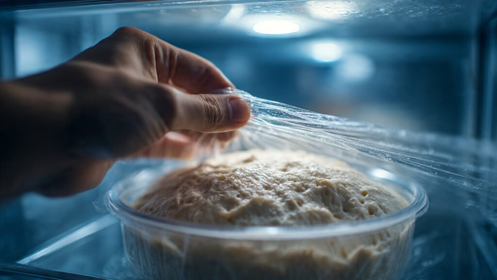 A hand pulling back plastic wrap from a container of sourdough dough in a refrigerator, showing domed risen dough with bubbles, cool blue refrigerator light, close-up shot