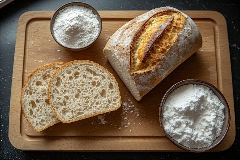 does sourdough bread have fiber — sliced sourdough loaf with whole wheat and white flour showing fiber content difference
