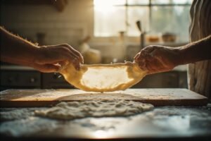 Close-up of hands stretching a small piece of sourdough dough to create a thin translucent windowpane with light shining through it, soft natural kitchen light, shallow depth of field, food photography style, warm tones.