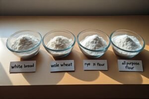 bread flour and all purpose flour bags on kitchen counter for sourdough baking