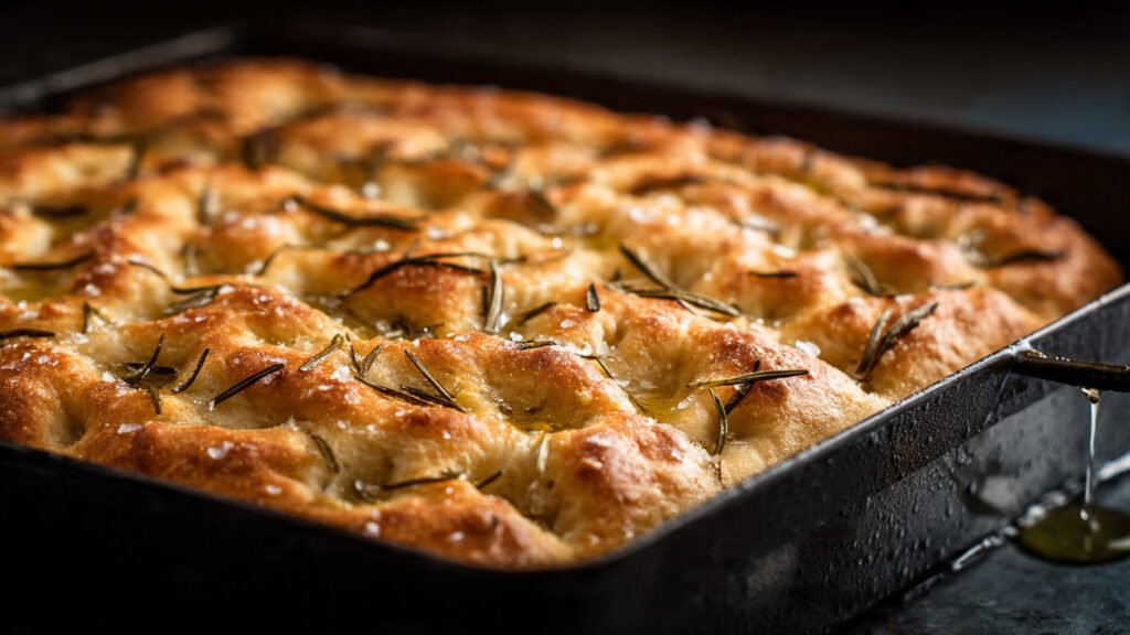 Rustic sourdough focaccia fresh from the oven in a dark baking pan — golden, dimpled, topped with rosemary and flaky sea salt, olive oil pooling,