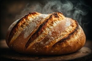 sourdough boule being lifted from a Dutch oven