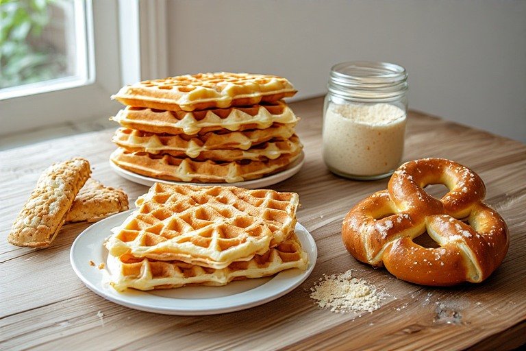 sourdough discard recipes guide — collection of sourdough discard baked goods including waffles crackers and pretzels