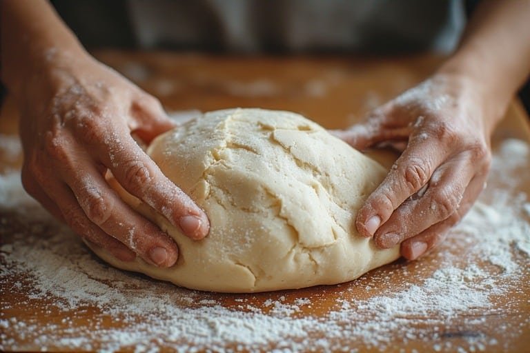 sourdough dough ball on a lightly floured wooden surface