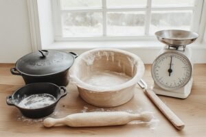 sourdough equipment problems guide — sourdough baking tools including dutch oven banneton bread lame and kitchen scale