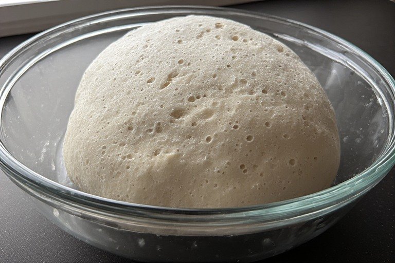 sourdough fermentation guide — active sourdough dough showing bubbles during bulk fermentation in glass bowl