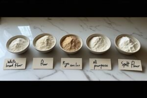 sourdough flour guide — different types of flour for sourdough bread in small bowls including bread flour whole wheat and rye