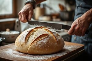 sourdough shaping and scoring problems — hands scoring sourdough loaf with bread lame showing correct scoring technique