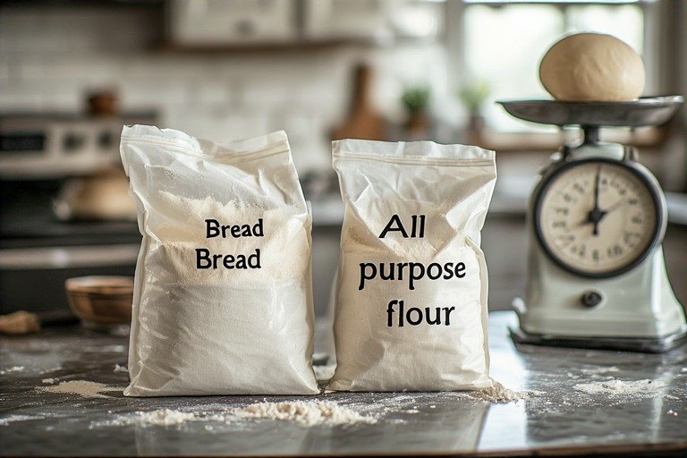 best flour for sourdough bread — bread flour and all purpose flour bags on kitchen counter