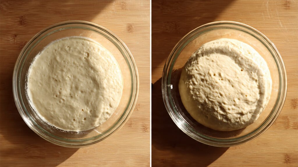 Split image comparison of sourdough dough at start of bulk fermentation on left versus end of bulk fermentation on right