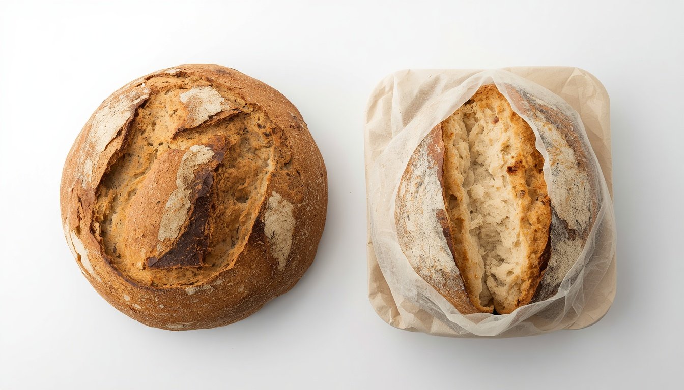 Side by side comparison showing real artisan sourdough with irregular crumb versus uniform commercial fake sourdough bread structure
