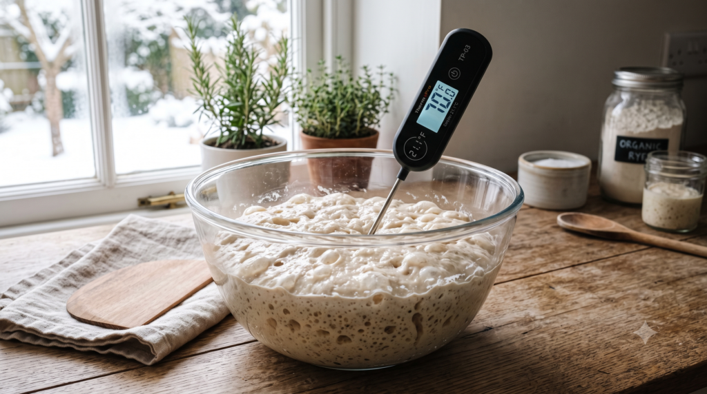 Sourdough dough in a glass bowl with a thermometer reading 70 degrees for cool room bulk fermentation.