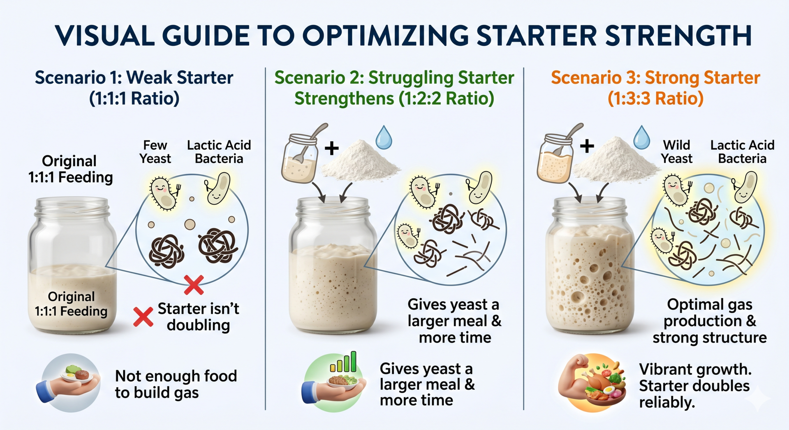 3 mason jars showing starter strength