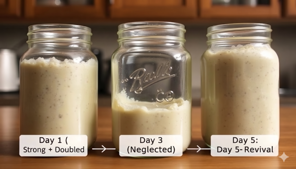 Three-day sourdough starter revival timeline: strong starter, neglected starter after 3 days, and recovering starter after 5 days of consistent feeding.