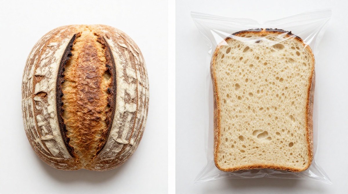 Sliced sourdough bread showing standard 50g portions versus typical 80g homemade slices with calorie comparison