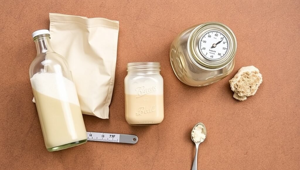 Sourdough starter troubleshooting supplies: filtered water, unbleached flour, thermometer, and dormant starter jar.