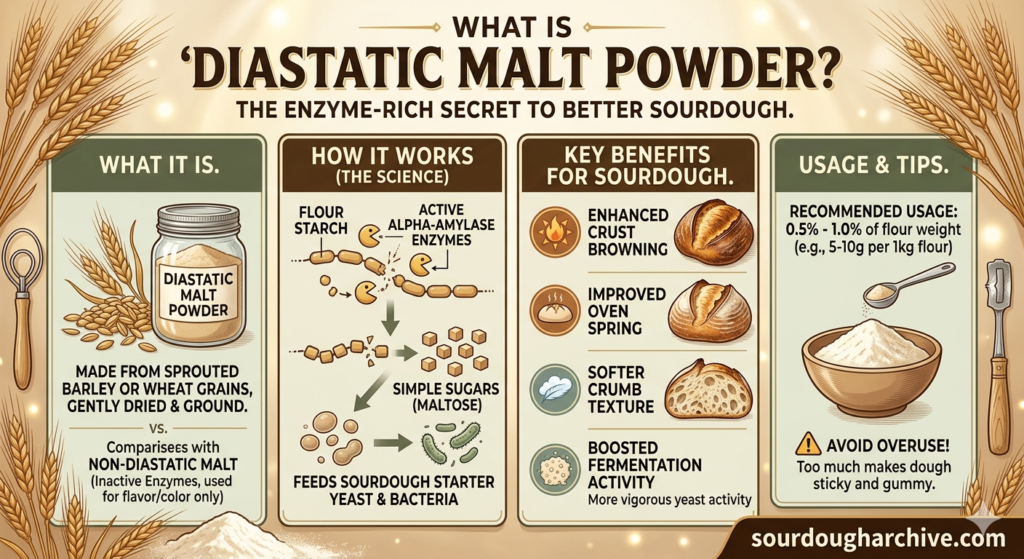 diastatic malt powder in a bowl next to sourdough bread
