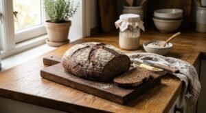 100% rye sourdough bread, create image display of bread in kitchen