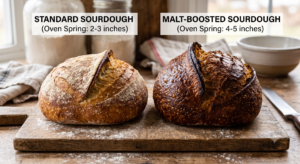 Side-by-side comparison of two sourdough loaves: standard sourdough on left showing 2-3 inches of oven spring, malt-boosted sourdough on right showing 4-5 inches of dramatic oven spring and deeper mahogany crust color