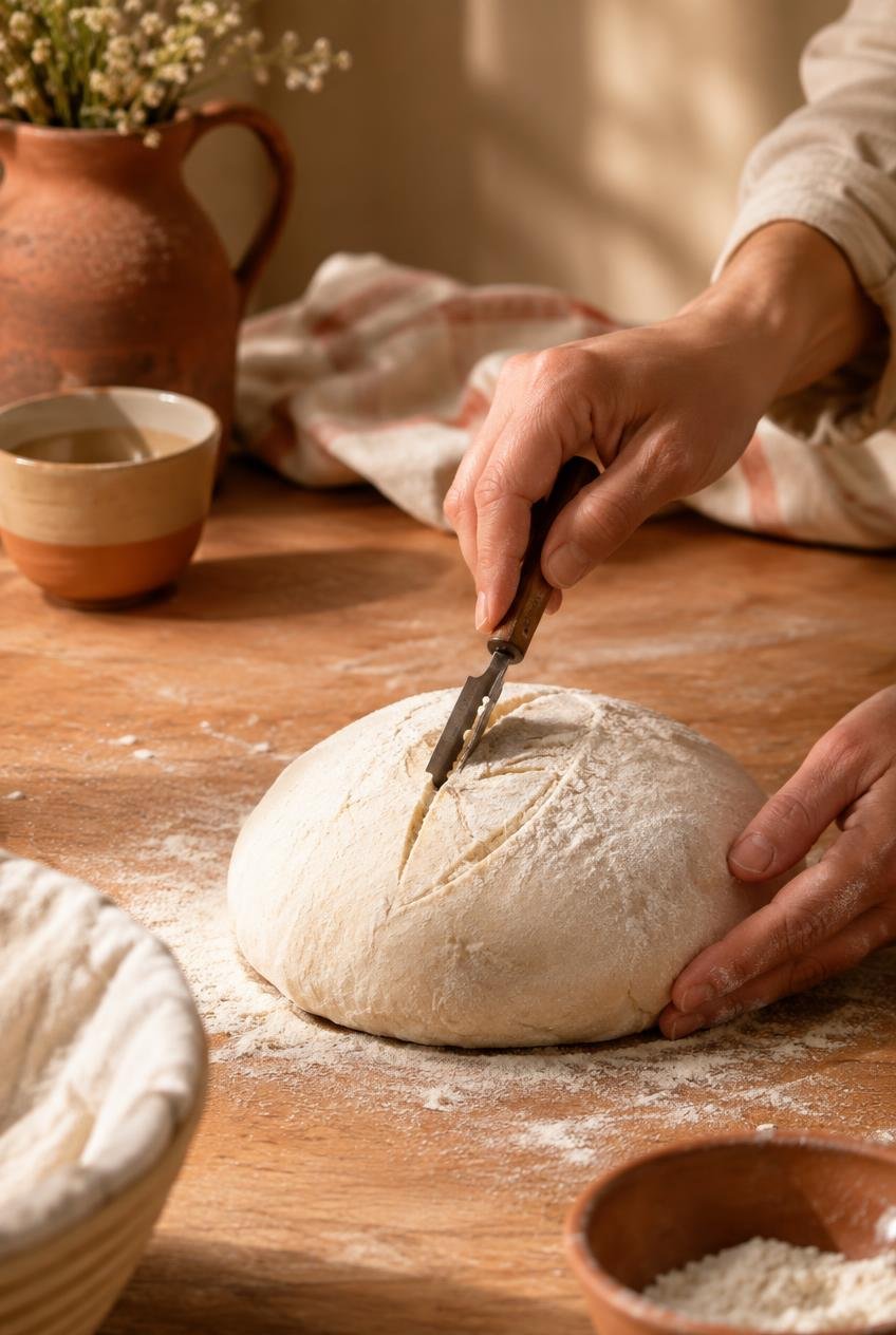 Baker scoring a sourdough loaf