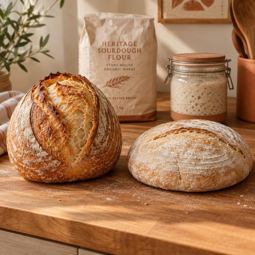 Two sourdough loaves, one good and one flat