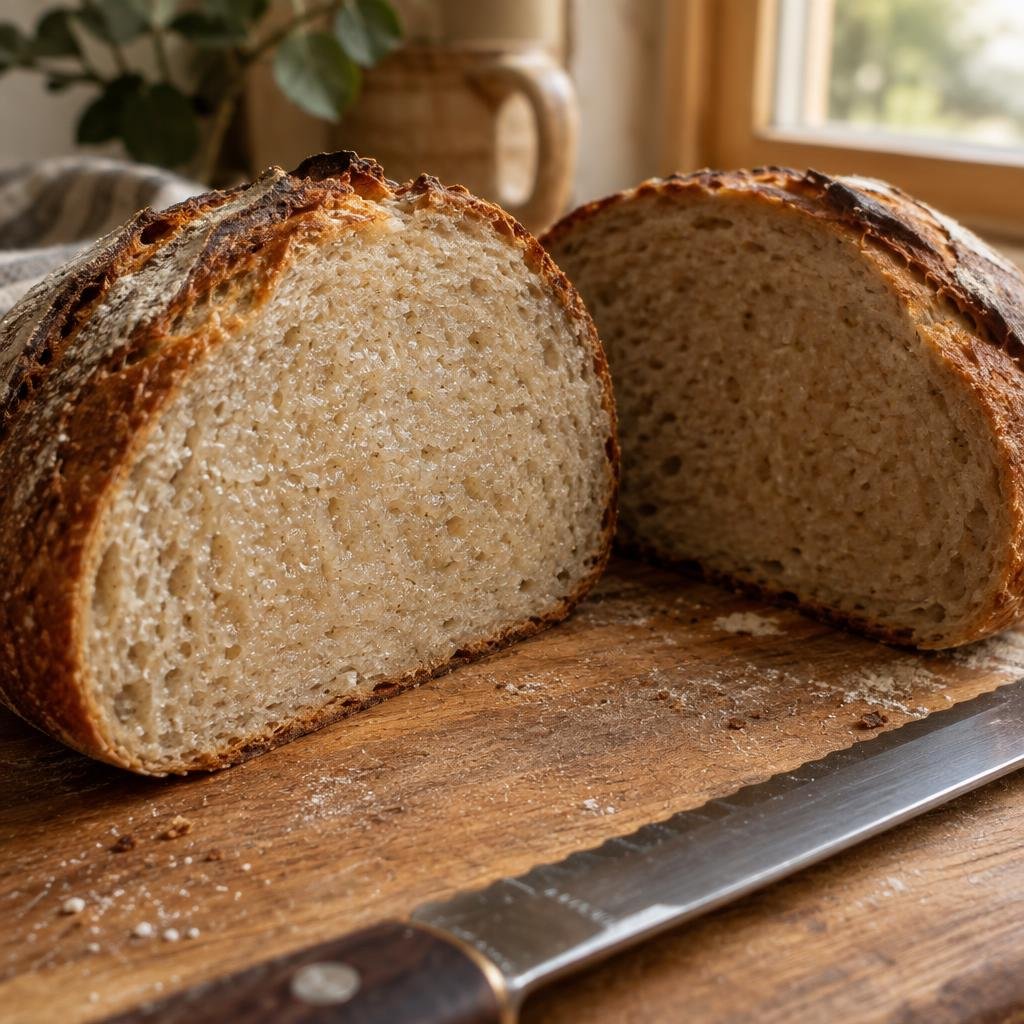 Sourdough loaf sliced open showing a dense gummy crumb