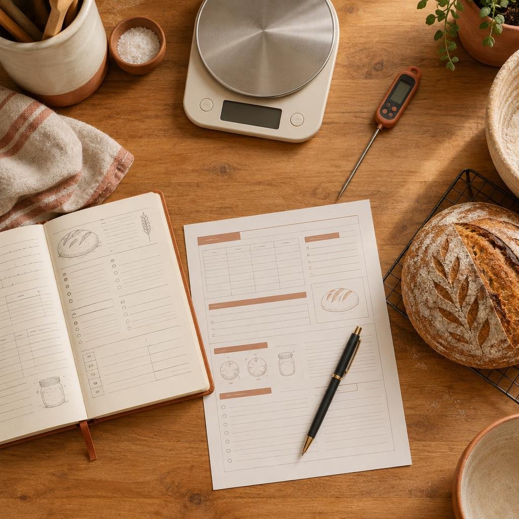 Baker notebook, scale and thermometer for tracking bakes