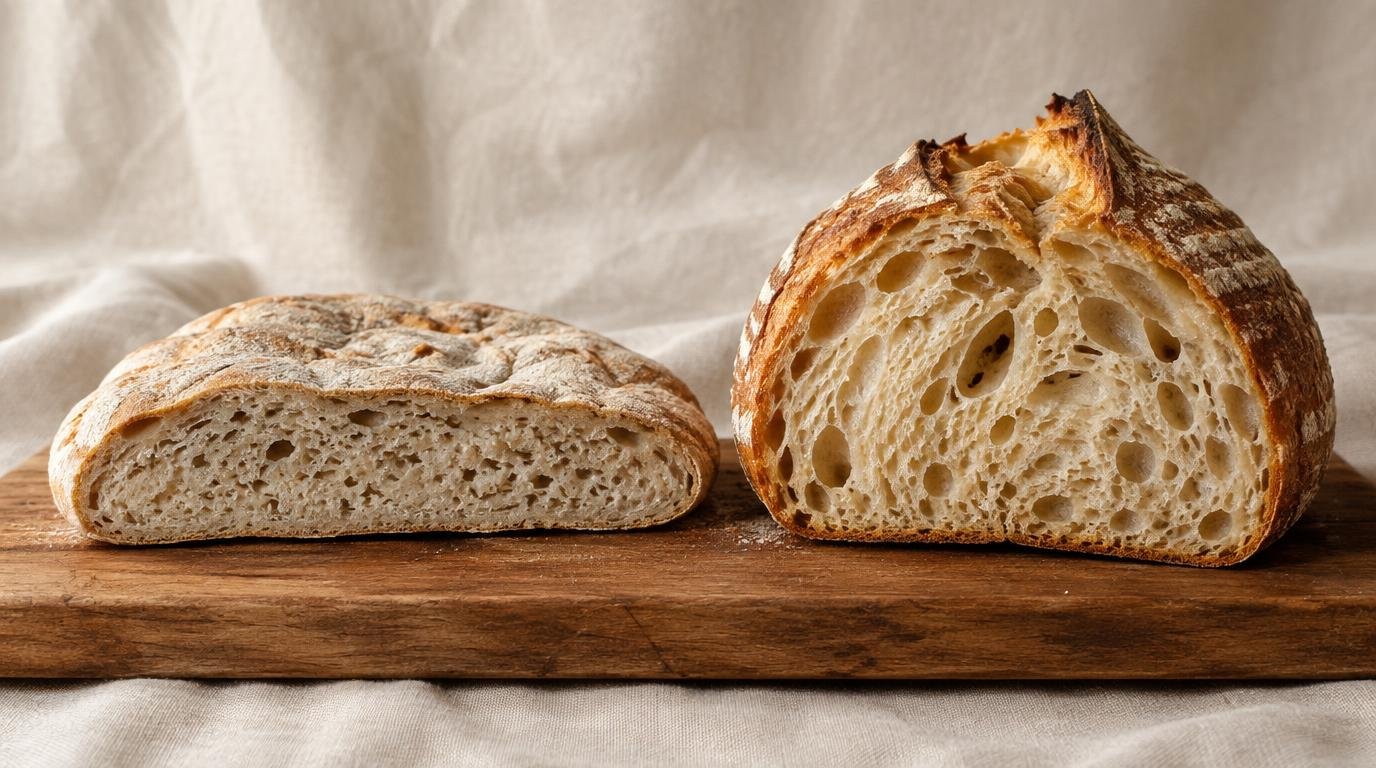 A flat gummy sourdough loaf next to a tall golden loaf with an open crumb