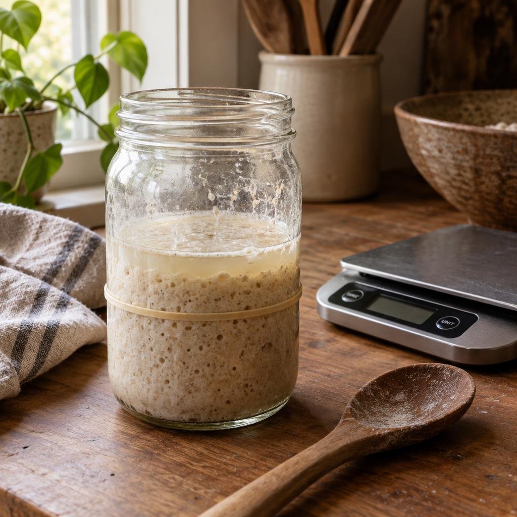 Sluggish sourdough starter in a glass jar