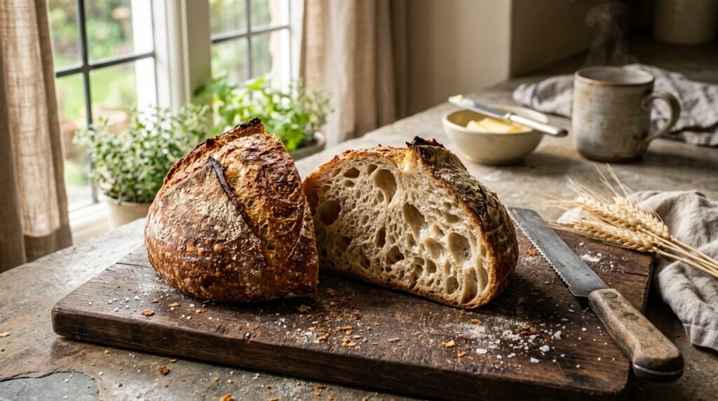 Freshly baked artisan sourdough bread sliced open on a rustic wooden board