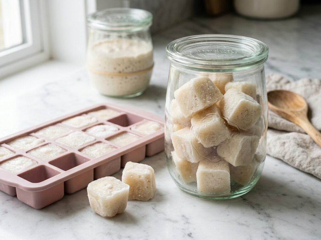 Frozen sourdough discard cubes in an ice cube tray and glass freezer jar