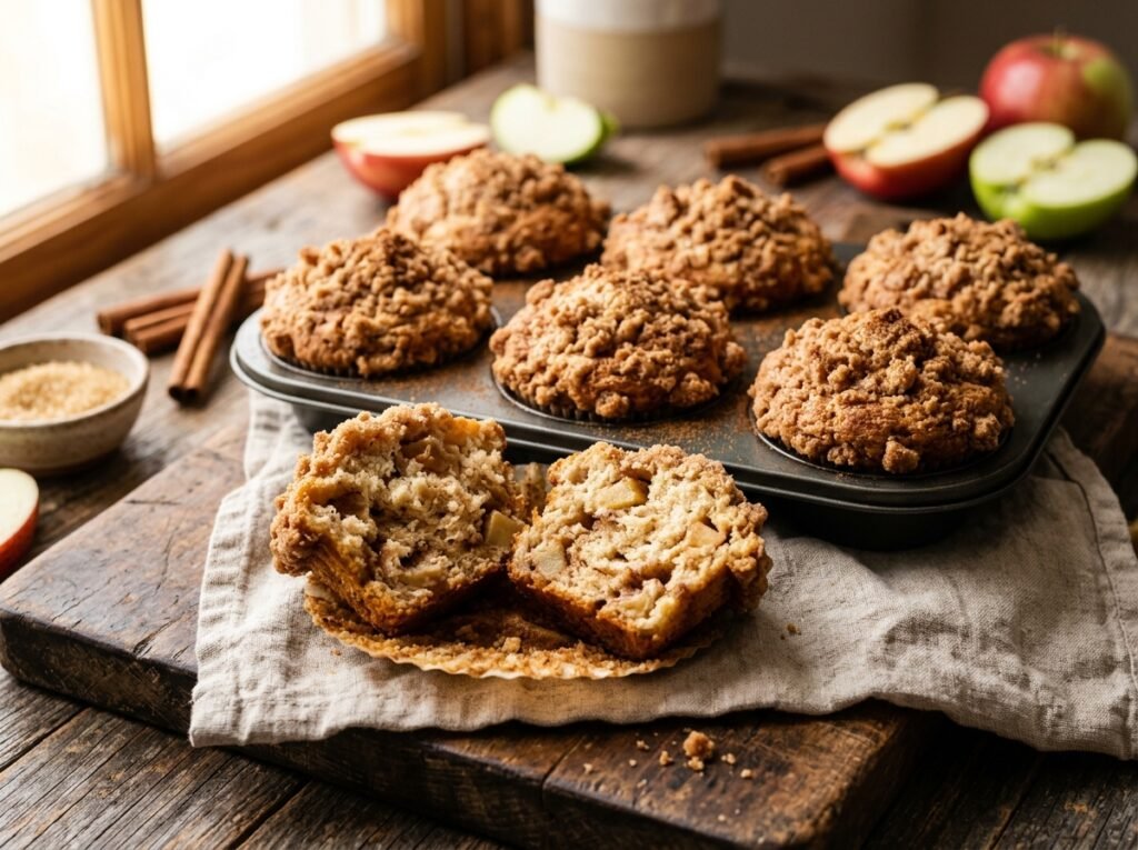 Sourdough discard apple cinnamon muffins with crunchy brown sugar streusel in paper liners