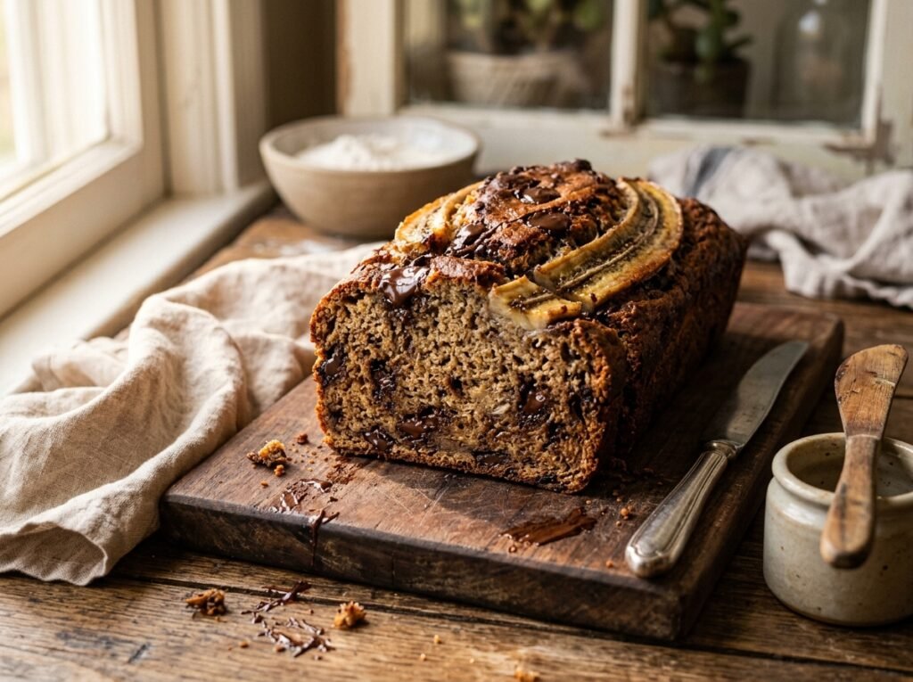 Freshly baked sourdough discard banana bread loaf sliced on a wooden board