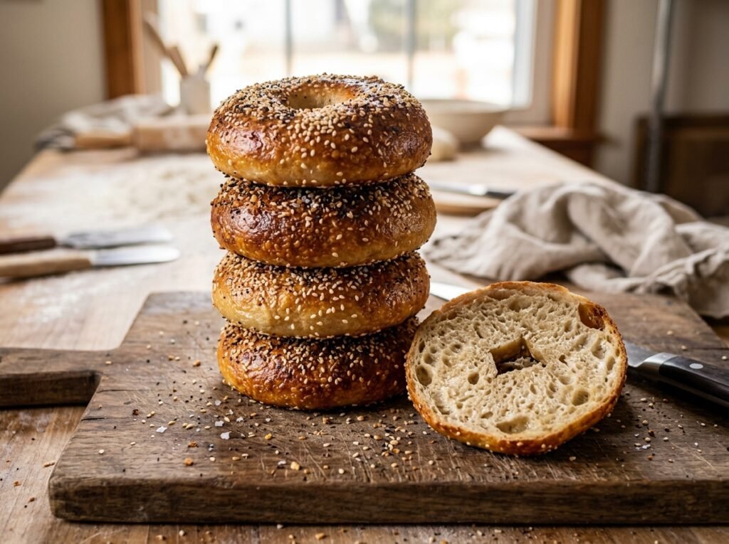 Chewy golden sourdough discard bagels with everything seasoning and cream cheese on cutting board