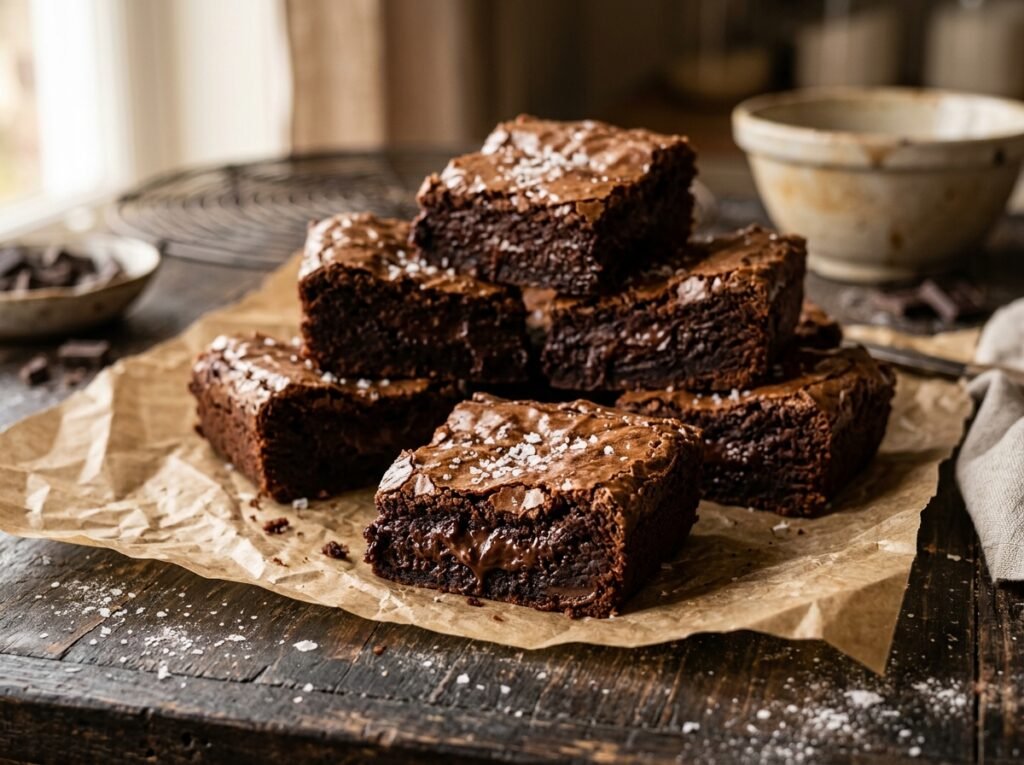 Fudgy sourdough discard brownies with shiny crinkled top on parchment paper