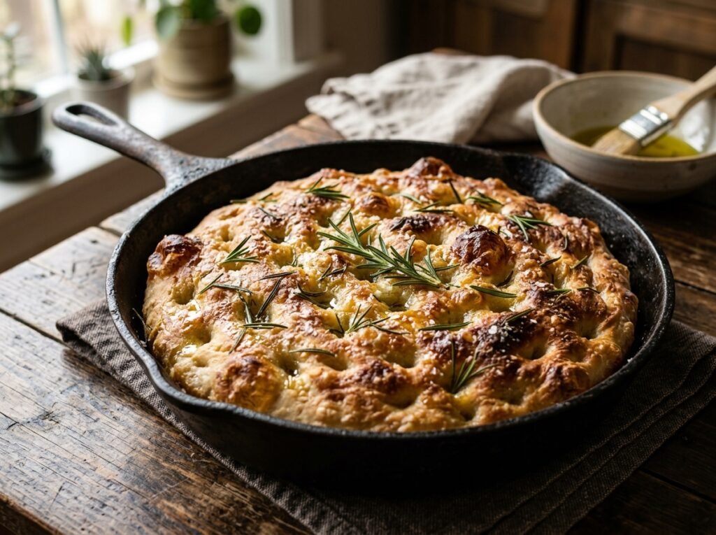 Golden bubbly sourdough discard focaccia in cast iron with fresh rosemary and sea salt