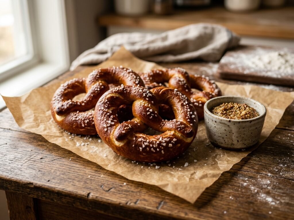 Soft chewy sourdough discard pretzels sprinkled with coarse salt on brown parchment