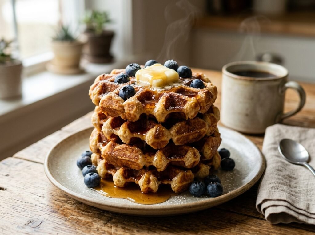 Stack of golden crispy sourdough discard waffles with butter and fresh blueberries