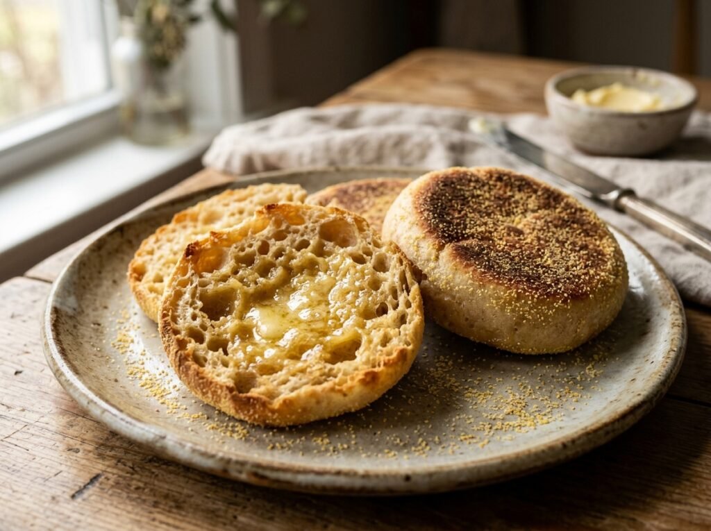 Fork-split sourdough discard English muffin with melted butter pooling in nooks and crannies
