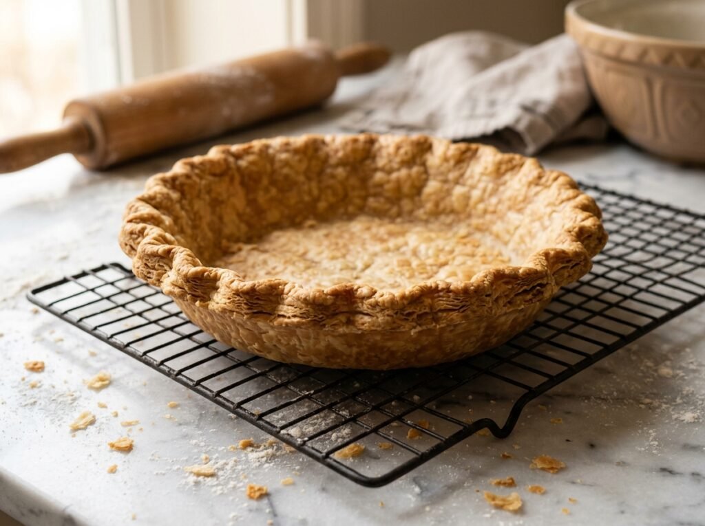Ultra-flaky golden-brown sourdough discard pie crust with fluted crimped edges on a cooling rack